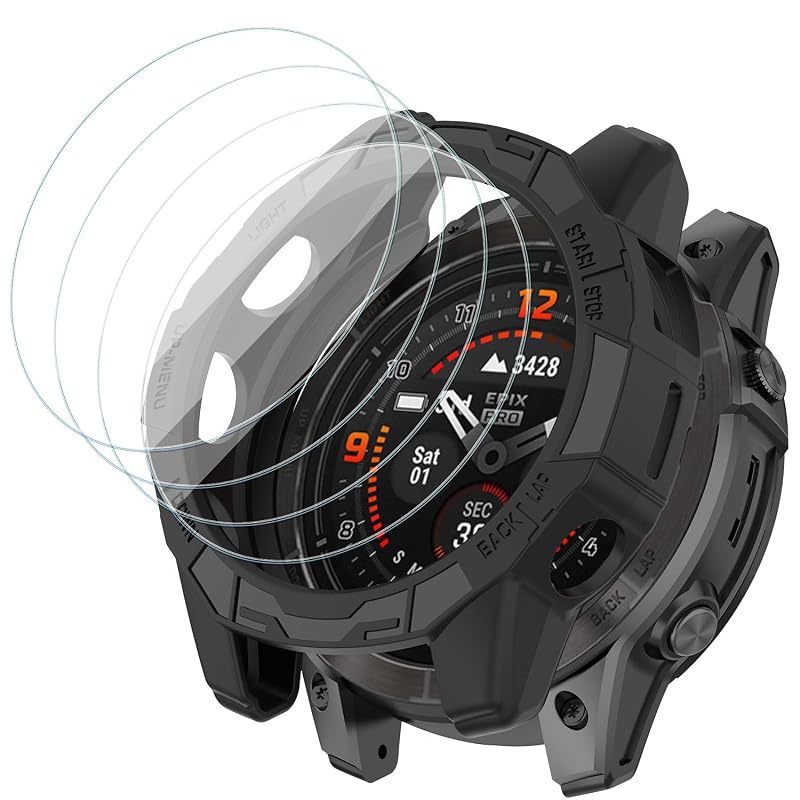 [1+4 Pack] Garmin Fenix 7X / 7X Pro / Epix Pro (Gen 2) 51mm Screen Protector & TPU Bumper Case Set