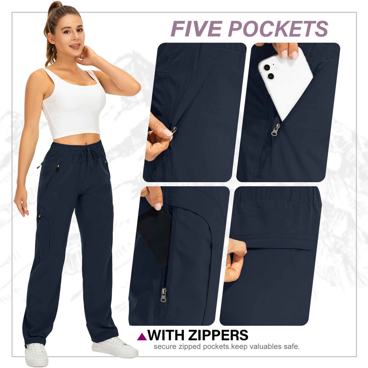 Womens Hiking Pants Quick Dry UPF 50 Lightweight Travel Golf Cargo Safari Pants Zipper Pockets,6608,Blue,Petite S