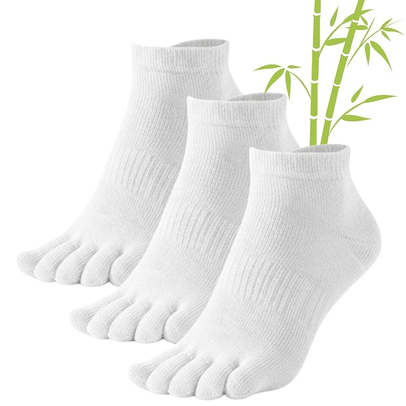 Socksense Bamboo Toe Socks - Non-Slip Ankle Low Cut, 3 Pairs, White, Medium
