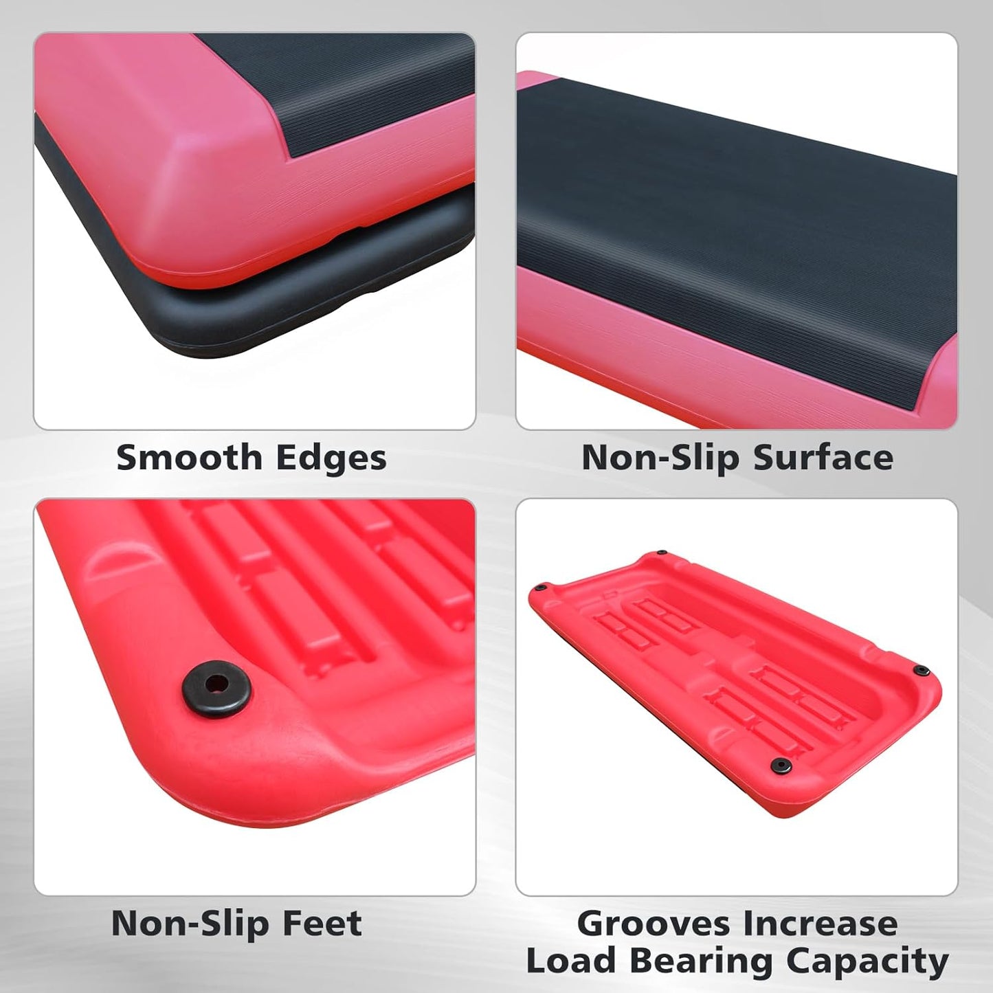 28.5'' Exercise Aerobic Step Platform, 4-6-8inAdjustable Fitness Stepper Workout with 4 Stackable Risers, Aerobics Stepper Workout Stepper for Home Gym Cardio Strength & Training (Red & Gray)