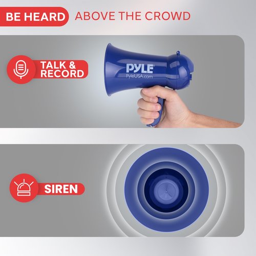 Pyle Portable Battery Operated Megaphone - Mega Horn Loudspeaker with Built-in Siren and Dynamic Microphone - Ideal for Cheering at Football Games, Mini Bullhorn for Kids and Adults,Navy Blue