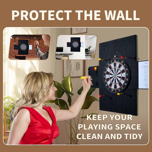 OCMML Dart Board Wall Protectors Multi-Functional Set with Scoreboard,Scoring Marker&Dart Holder Bag One-Piece Felt Panel Design Easy to Install,Safe Protection 35.4"x23.6"x0.5" Black Felt Dartboard