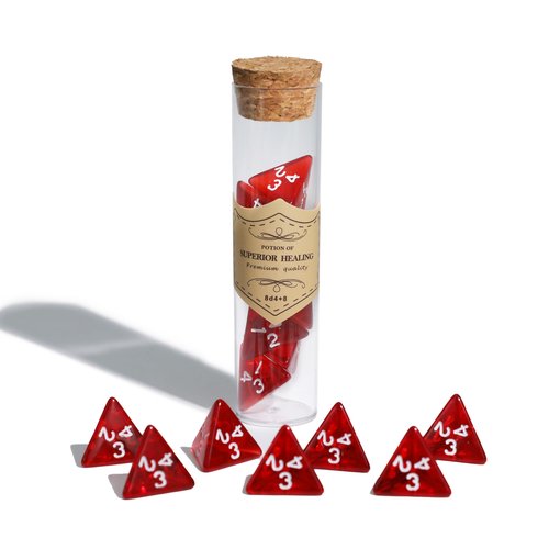 FourDragons 24 Pcs Red D4 Dice with 4 Pcs Healing Potion Bottle, Roleplaying D4 Polyhedral Dice Set Compatible with Dungeons and Dragons D&D RPG MTG Table Games