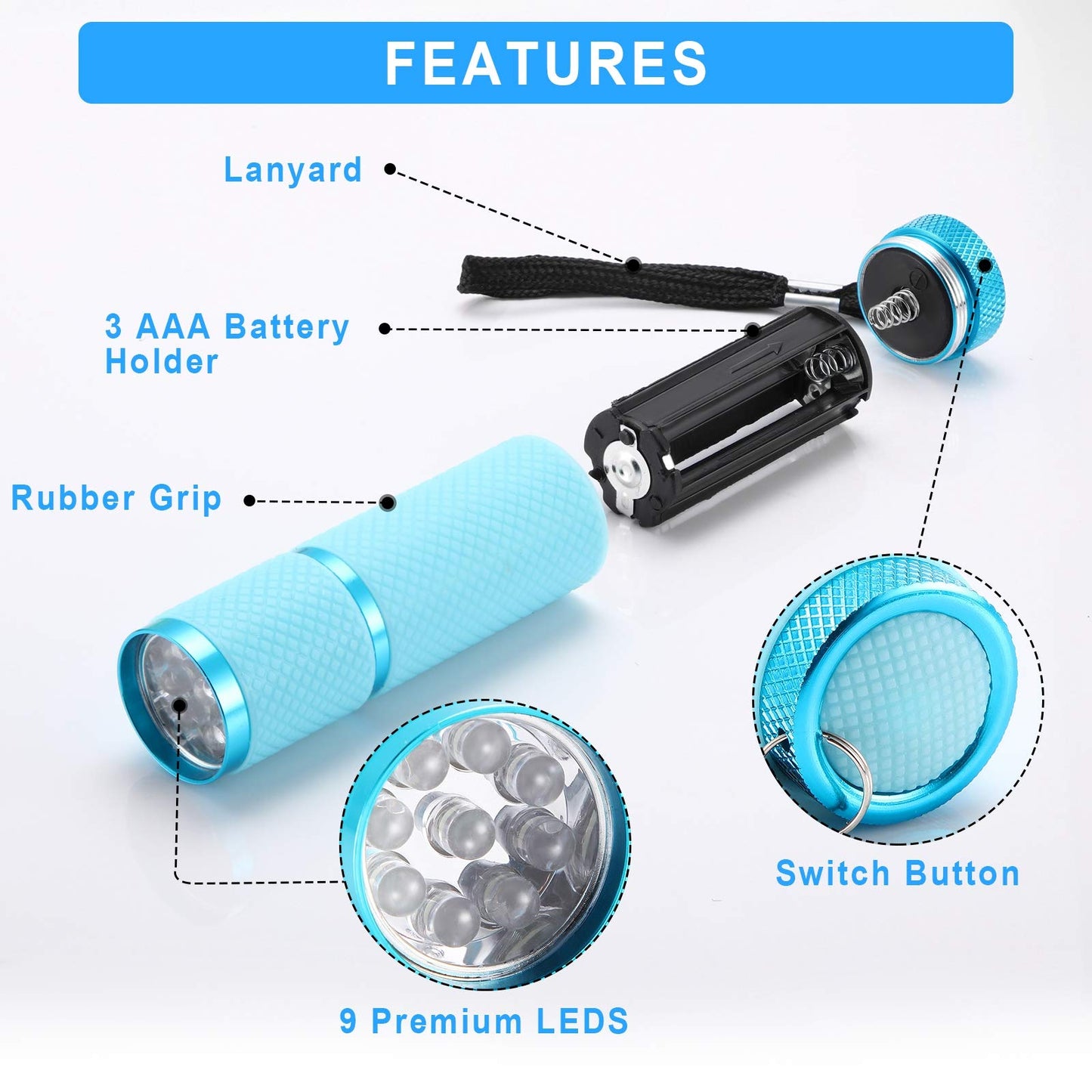 Mudder 8 Pieces Glow in Dark Flashlights Set, 9 LED Mini Flashlights Rubber Coated with Handle, LED Fluorescent Aluminum Portable Flashlight for Parties, Hiking, Camping, 4 Colors