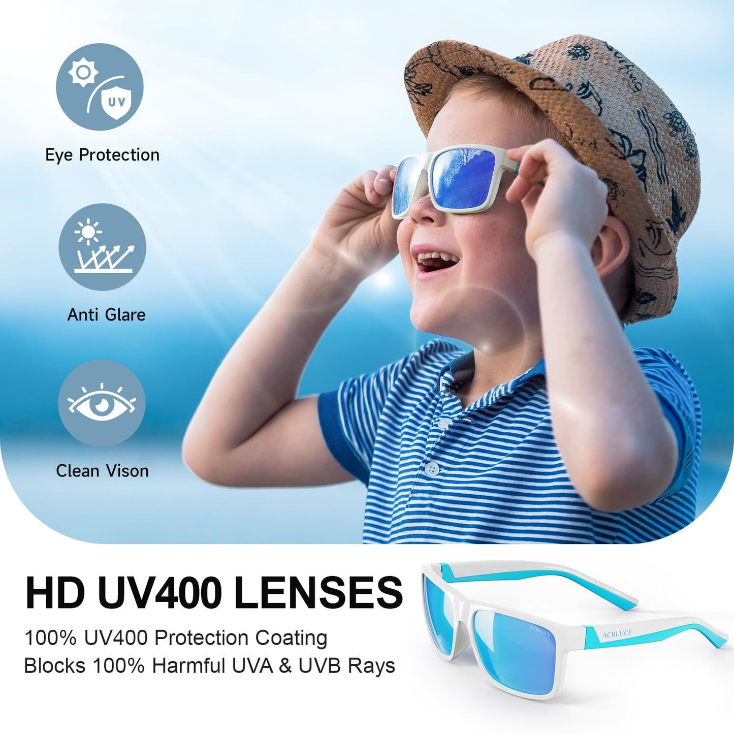 ACBLUCE Sunglasses for Kids Boys Girls Polarized Youth Teen Children Sports Baseball Running Beach Rubber White Blue Glasses for Age 6-12