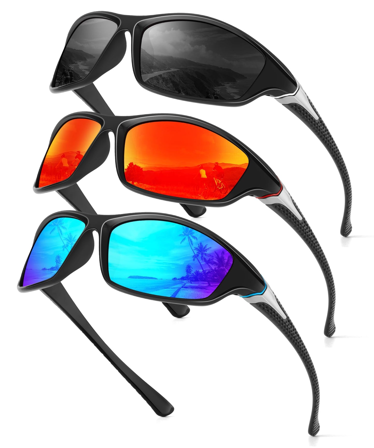 OUTDOORKING Stylish Men Sunglasses Polarized Sunglasses for Women, UV400 Protection glasses for Running Cycling 3-Pack