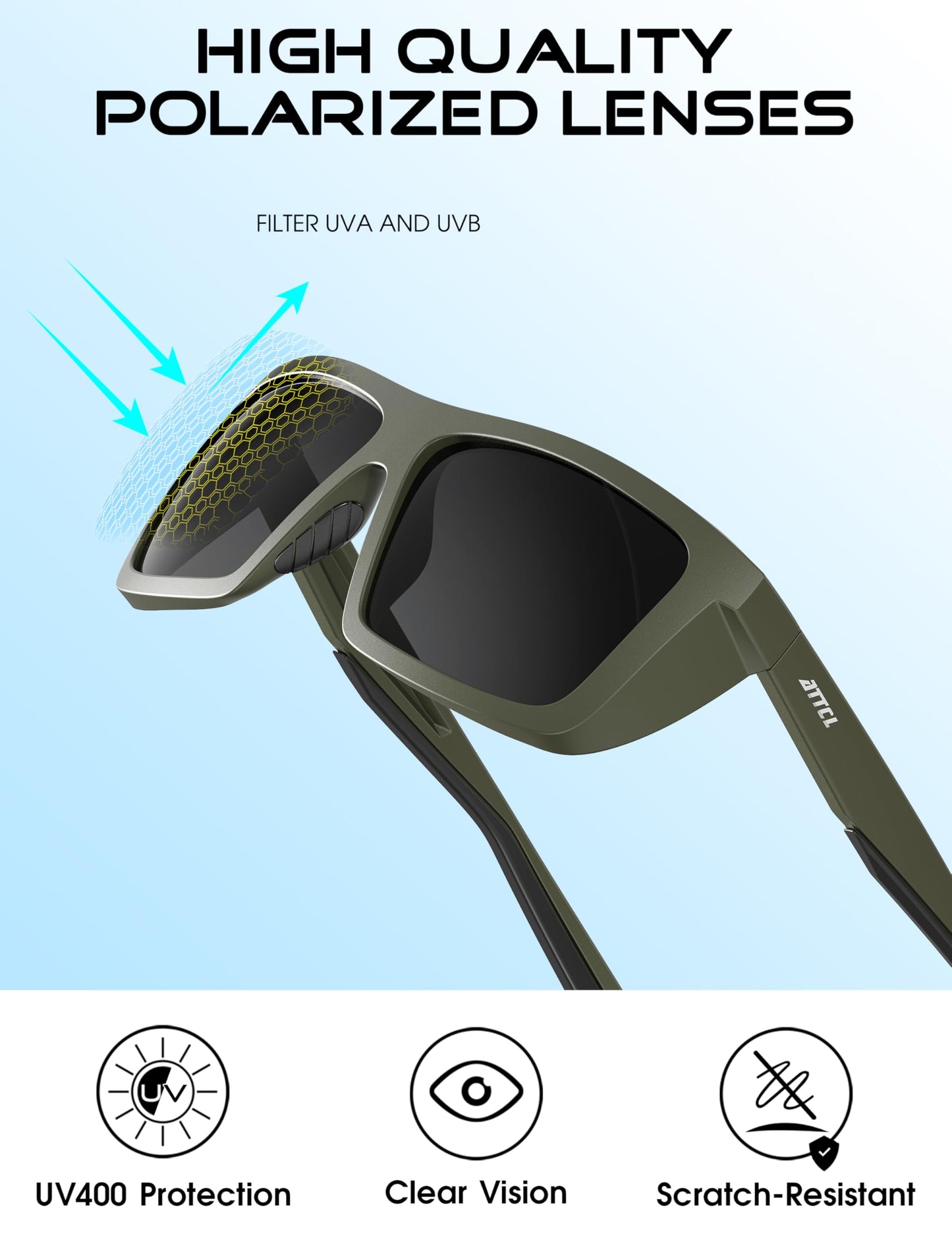 ATTCL Sports Polarized Sunglasses for Men: Secure Anti-Slip Lightweight TR90 Square Frame UV Protection for Driving Fishing Climbing 1124 Darkgreen Grey