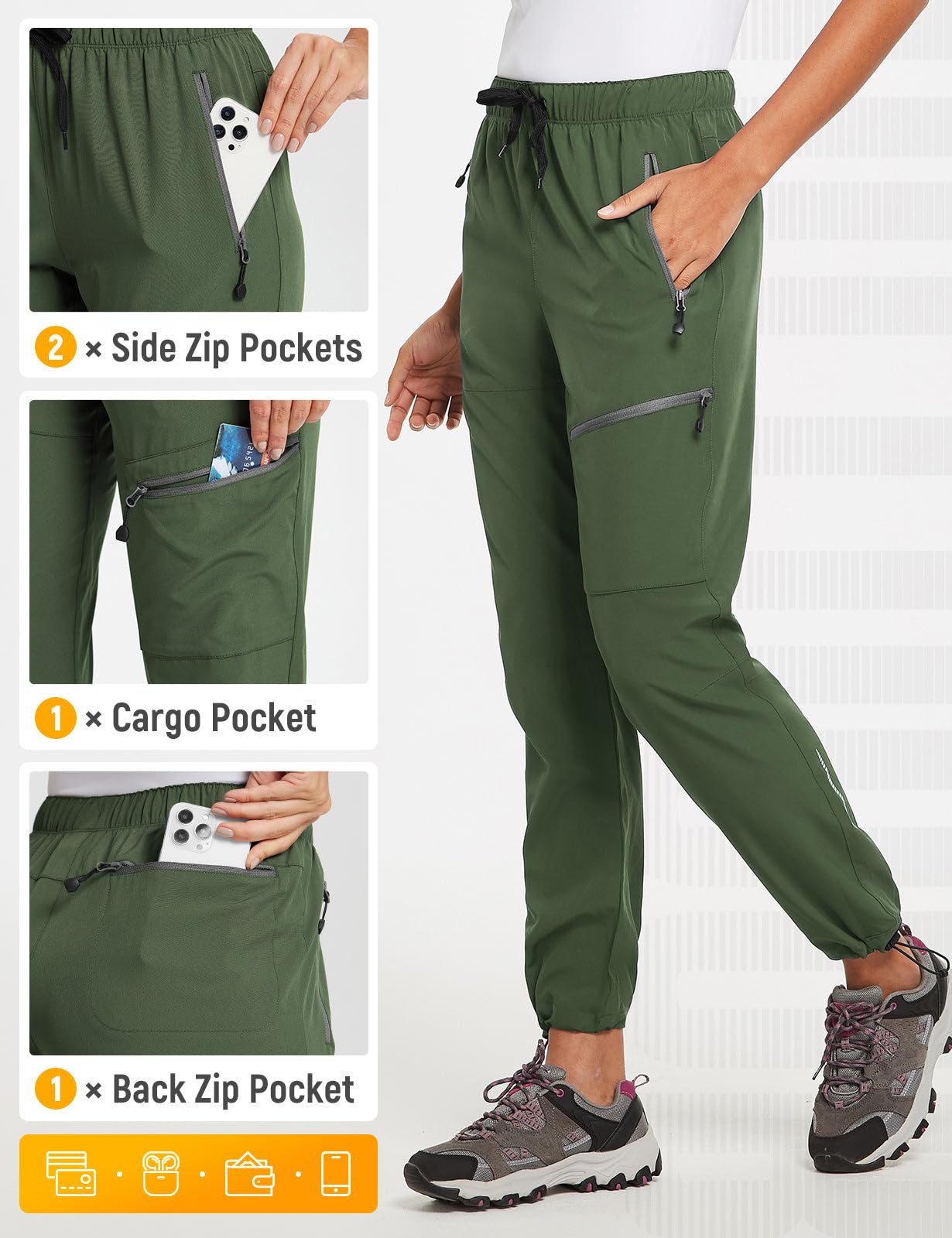 baleaf Cargo Pants for Women Petite Joggers Lightweight Quick Dry Pant Water Resistant 27'' Travel Workout Athletic Trip 27''-Army Green XL