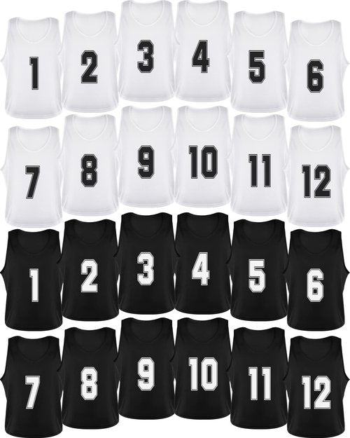 Silkfly 24 Pack Pinnies Scrimmage Vests Youth Team Practice Vests Numbered Mesh Soccer Practice Jersey Training Vest(Black, White)
