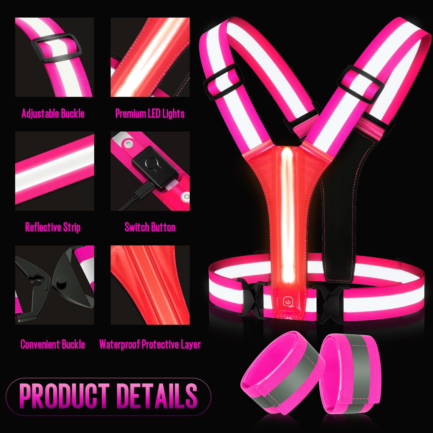 ocuvaep LED Reflective Running Vest Gear, High Visibility Reflective Running Gear, Light Up Running Vest Rechargeable Running Lights for Night Walking Running Cycling