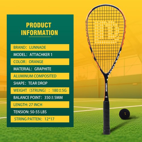 LUNNADE Carbon Squash Racket, Lightweight Tear Drop Squash Racquet with Ball Overgrip Damper and Bag