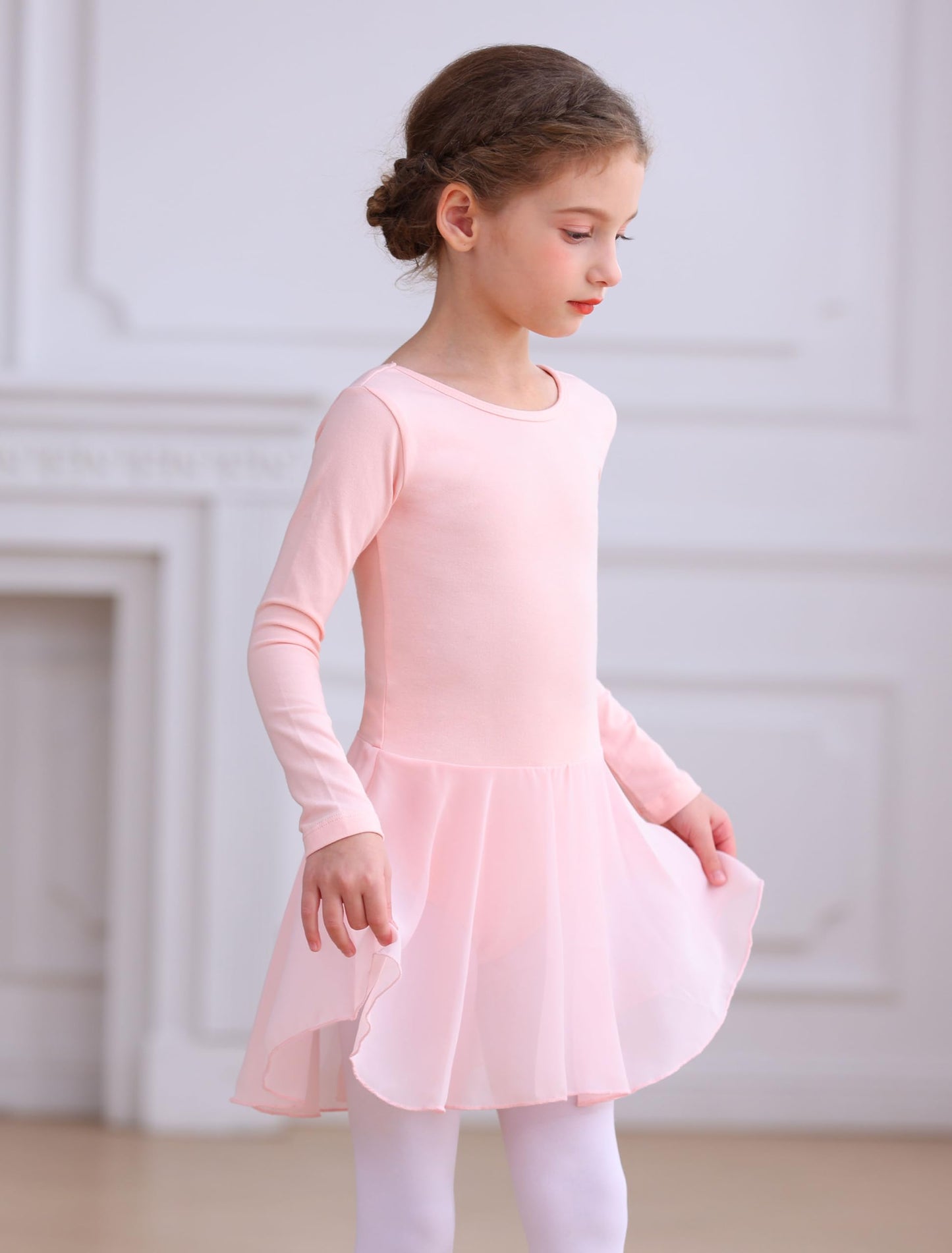 MdnMd Long Sleeve Toddler Ballet Leotards for Girls Dance Leotard Skirted Gymnastics Ballerina Dress AM300 (Ballet Pink, 2-4 Years)