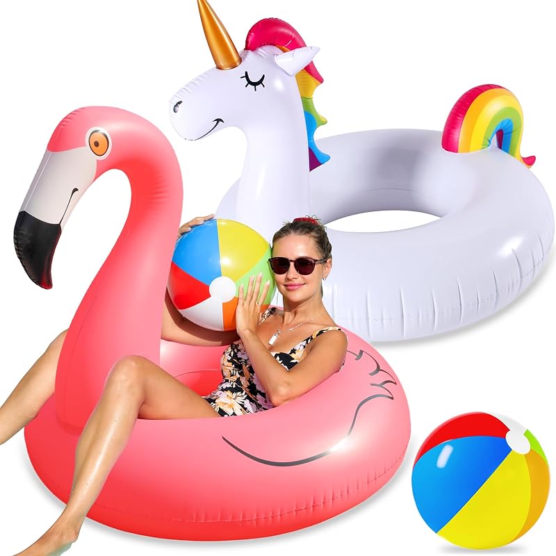 2 Pack Large Inflatable Pool Floats - Flamingo & Unicorn plus Beach Balls, Adult Sized 57x42x36in & 46x42x39in