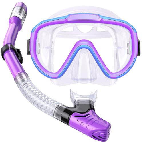 Seovediary Kids Snorkel Set, Anti-Fog Panoramic Tempered Glass Kids Snorkel mask, Anti-Leak Scuba Diving Mask with Mesh Bag, Dry Top Snorkeling Gear for Kids and Youth Age 4-16