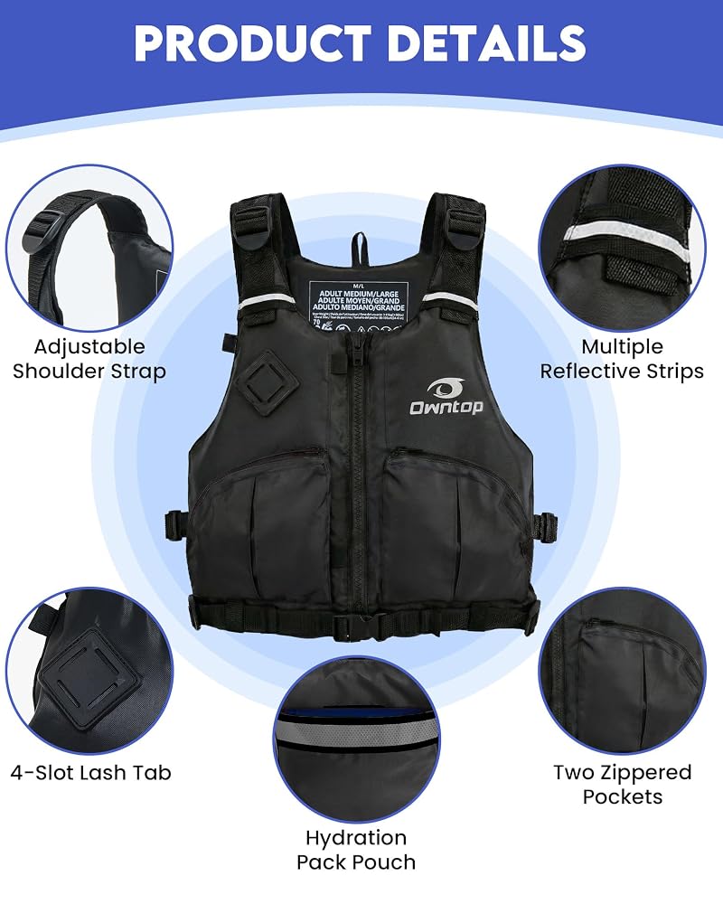Owntop Swim Vest for Adults - Adjustable Waist, Zip & Buckle Closure, Black XS/S (75-125 lbs) for Kayaking, Fishing & Boating