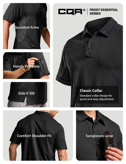 CQR Men's Polo Shirts, Tactical Short Sleeve Golf Performance Shirts, Lightweight Dry Fit UPF 50+ Pique, Frost Essential Black, X-Large