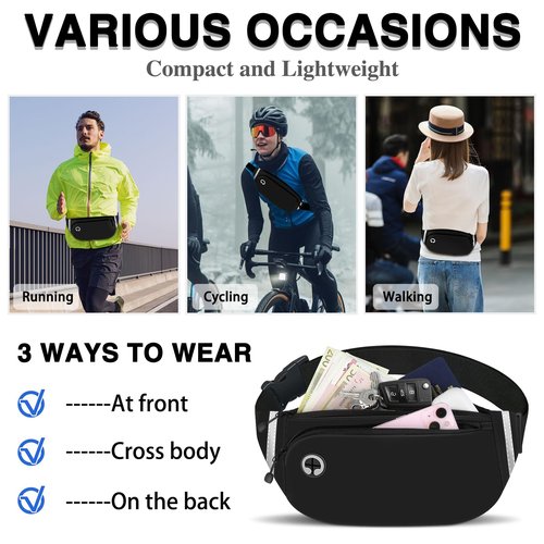 TORRYZA Fanny Packs for Women Men, Waterproof Waist Pack with Reflective Strip, Lightweight Slim Belt Bag with No-Bounce Adjustable Strap Running Travel Hiking Walking Sport(Black)