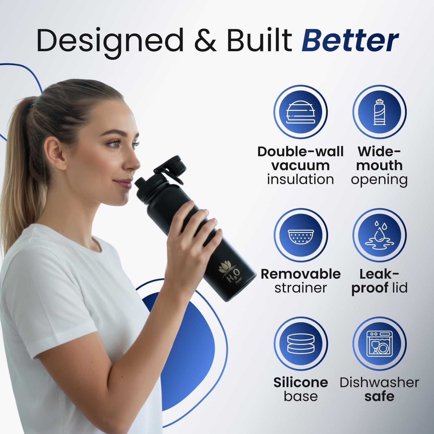 Premium 1 Liter Water Bottle (33.8 oz) with Carrying Case & Strap - Double Wall Vacuum Insulated Stainless Steel Water Bottle - Leakproof Lid, Wide Mouth, BPA-Free, Removable Strainer – Black