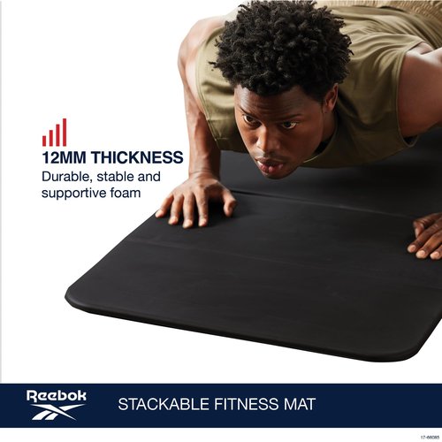 Reebok Vector Stackable Fitness Mat, 72" x 24" (Black), 12mm Foldable Yoga Mat for Floor Exercises and Stretching, EVA Foam with Comfortable Grip, 6 Panel Design, for Home Gym Workout