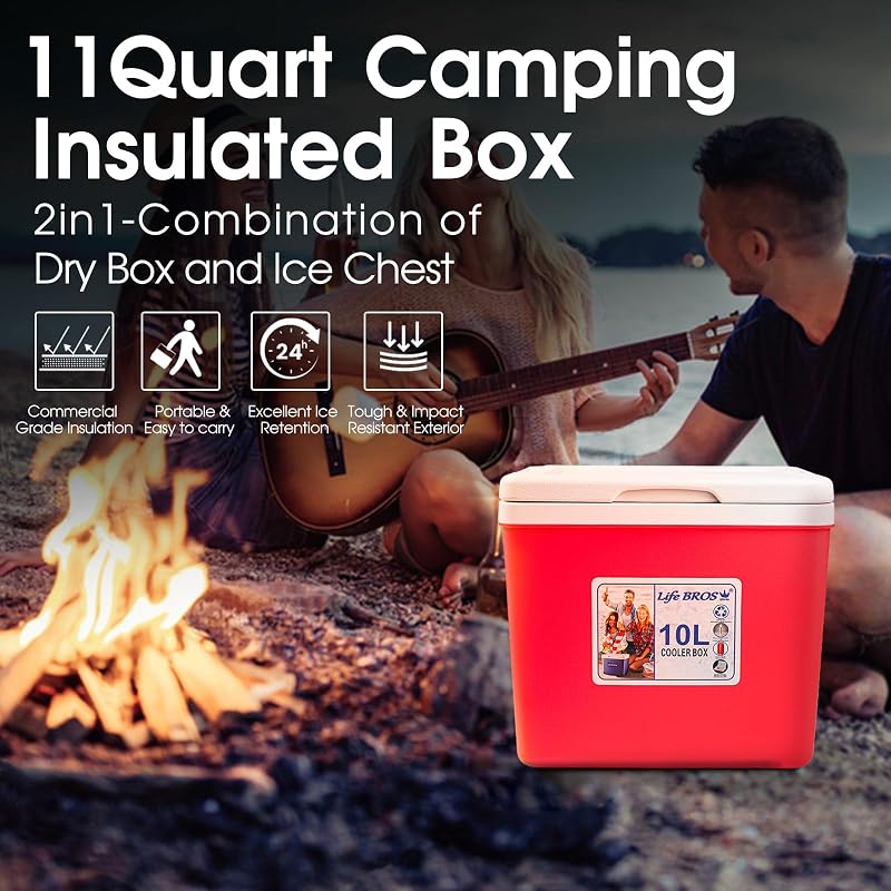 LifeBROS 11 Qt Insulated Cooler Hard Shell Lunch Box with Ice Pack - Red