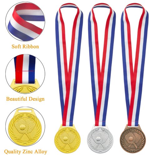 6 Pcs Pickleball Medals - 2.56 Inch Gold Silver Bronze Metal Pickle Ball Medal with V Neck Ribbons for Kids Adults Trophy Award Prize Gift