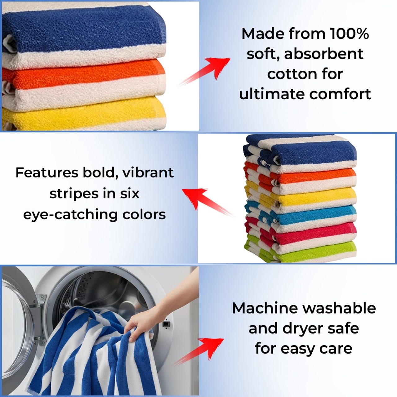 QUBA LINEN 100% Cotton Beach Towels, Cabana Stripe Beach Towel, Large Pool Towels, Highly Absorbent, Light Weight, Soft and Quick Dry Swim Towels, for Parties, Guests (Pack of 6)