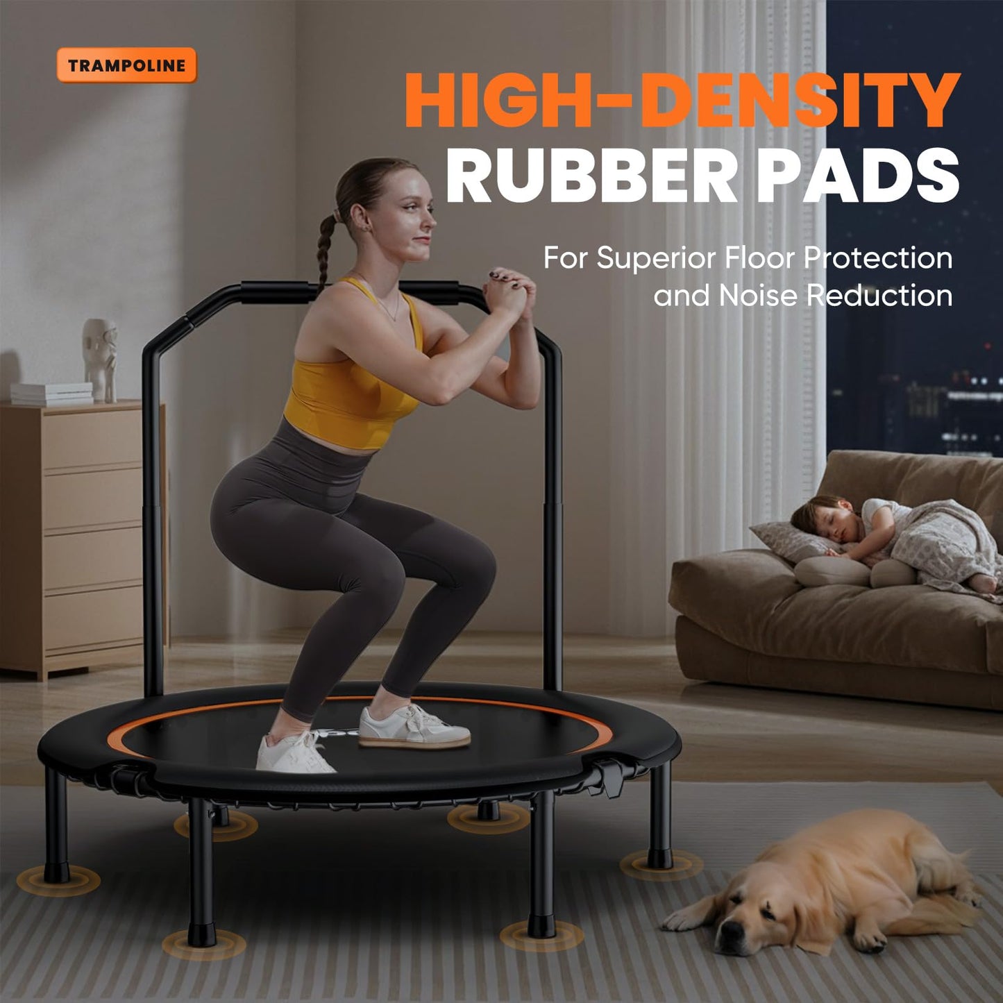 Zupapa 48in Foldable Rebounder, 550LBS Fitness Trampoline with Durable Bungees, Adjustable Handle, Stable & Quiet Exercise Rebounder for Adults, Great Exercise Trampoline for Home/Gym Workout