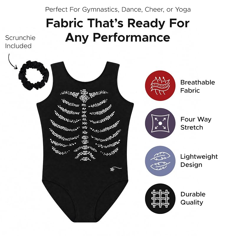 Destira Crystal Ribcage Halloween Leotard for Girls, Black - Variation: Crystal Ribcage+Girls 8