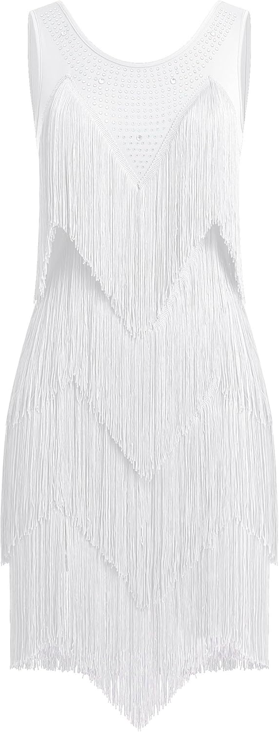 IWEMEK Rhinestones Layered Fringe Dress Ballroom Latin Dance Dress for Women Tiered Tassel Flapper Dresses Dancing Costume