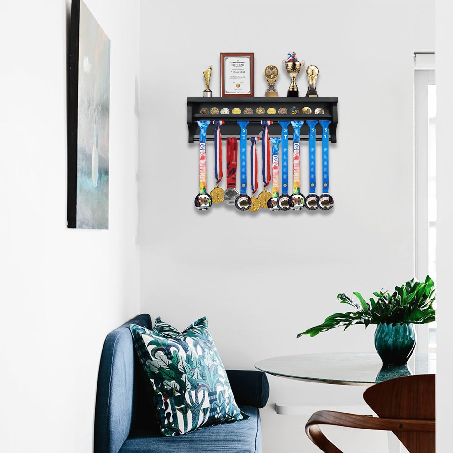 IHEIPYE Solid Wood Medal Hanger Display Shelf, Wall Mount Medal Rack Display Holder for Runners, Marathon, Race Winner, Soccer, Football, Gymnastics & All Sports - Black