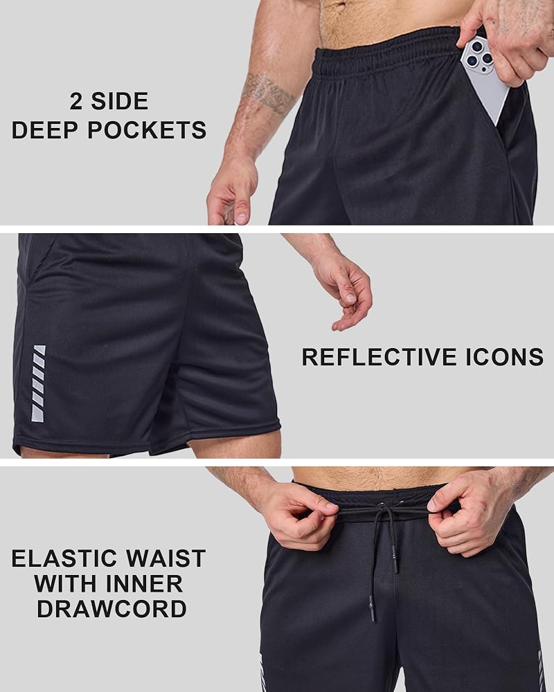 Mens Running Shorts with Pockets – 5 Pack (Black x2, Deep Grey, Navy, Grey) Athletic Gym Short