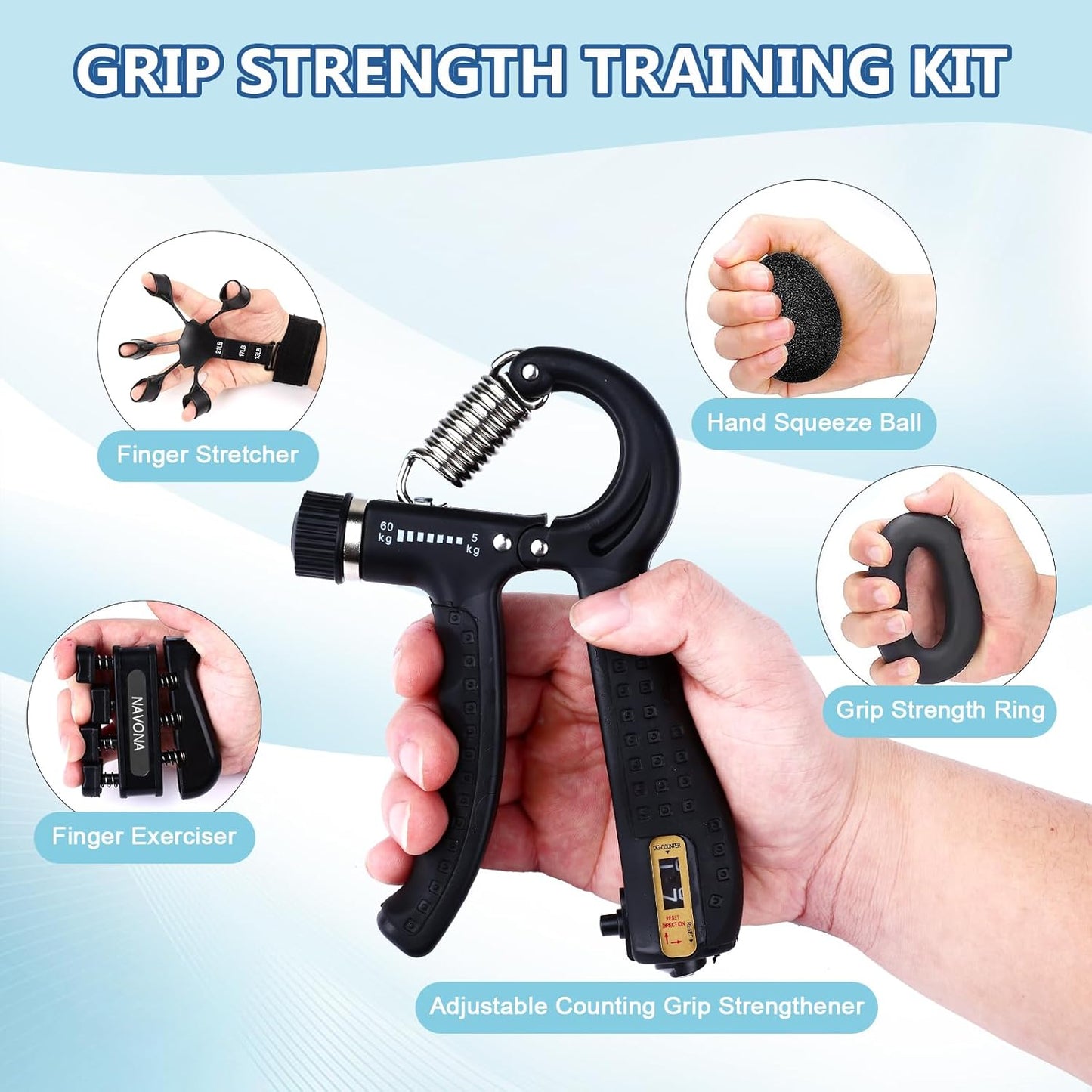 10 PCS Grip Strength Trainer Kit, Hand Gripper Strengthener, Forearm Strengthener, Finger Strengthener, Finger Exerciser, Stress Relief Ball,Forearm Workout Ring for Muscle Building and Injury Recover
