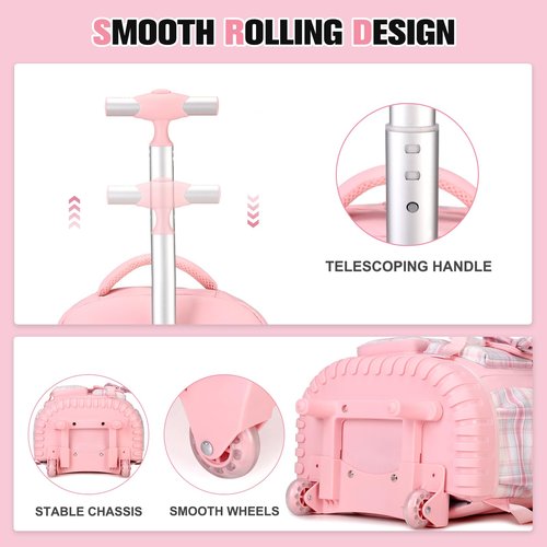 ACESAK Rolling Backpack for Girls - Roller Wheels School bag with Lunch Bag & Pencil Pouch for Teen Girls Kids Wheeled Suitcase Backpacks, Elementary Middle School Travel Daypack (Pink)