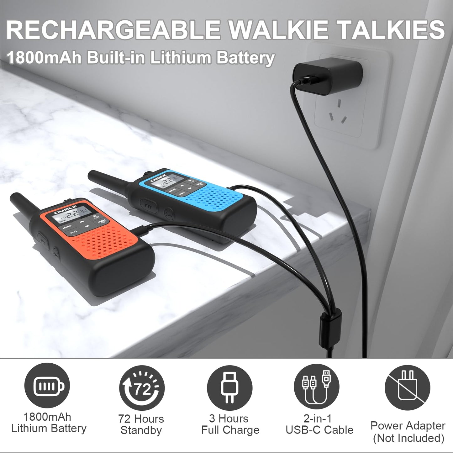 Walkie Talkies for Adults Long Range 2 Pack, Rechargeable Walkie Talkies 22 FRS Channels Two Way Radios with NOAA Weather Receiver, Noise Reduction, Volume Adjustment, LED Flashlight, 1800mAh Battery
