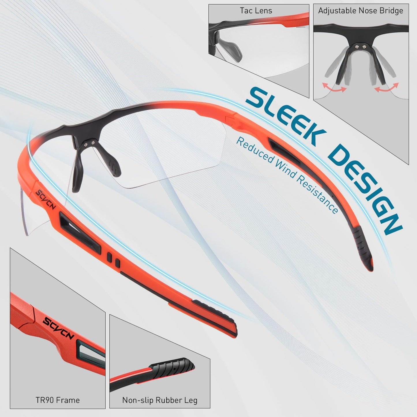 SCVCN Photochromic Sport Sunglasses Cycling Clear Glasses Men Women UV400 Protection MTB BMX Fishing Running Riding Golf Driving Bike Softball Baseball 08
