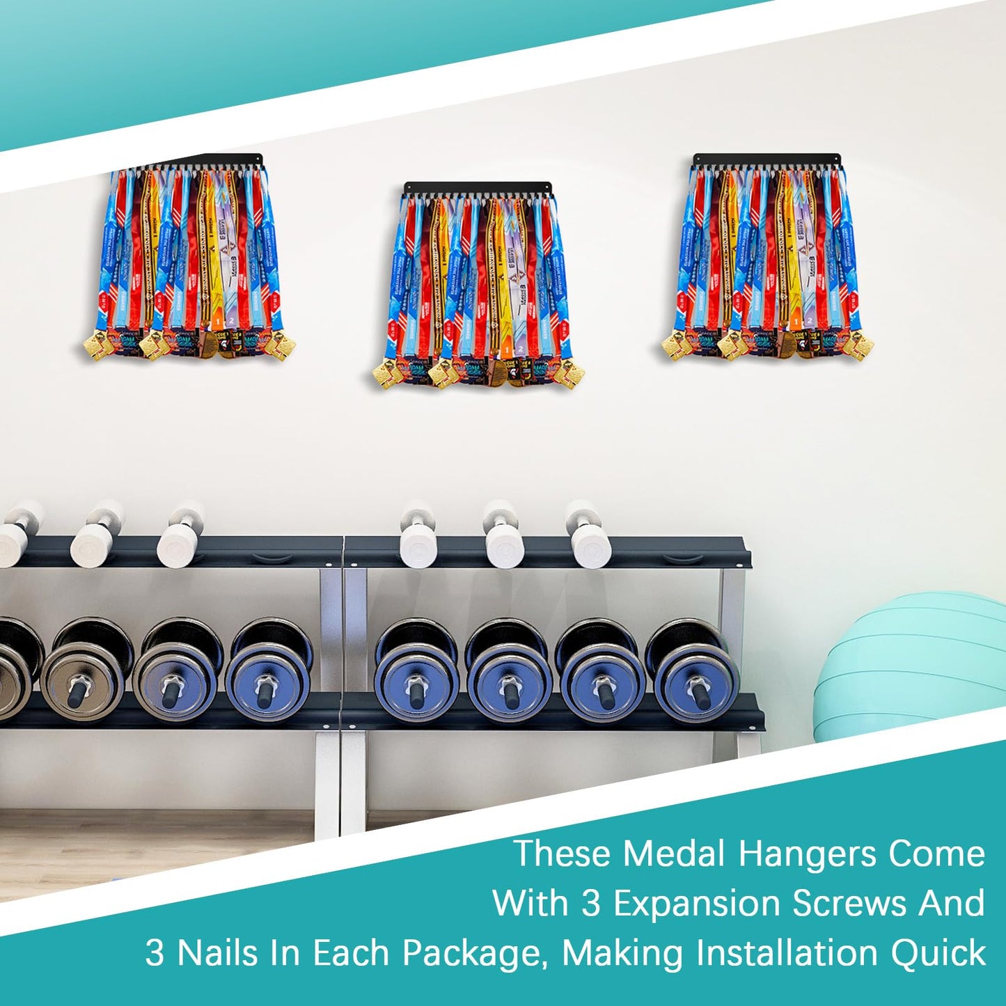 Geetery 4 4 Pack Medal Hanger Display with 20 Hooks Each, Sturdy Steel Wall Mount Medal Holder Rack Holds 60+ Awards for Gymnastics Marathon Sport Runner Soccer Wrestle Swim, Easy to Install (Black)