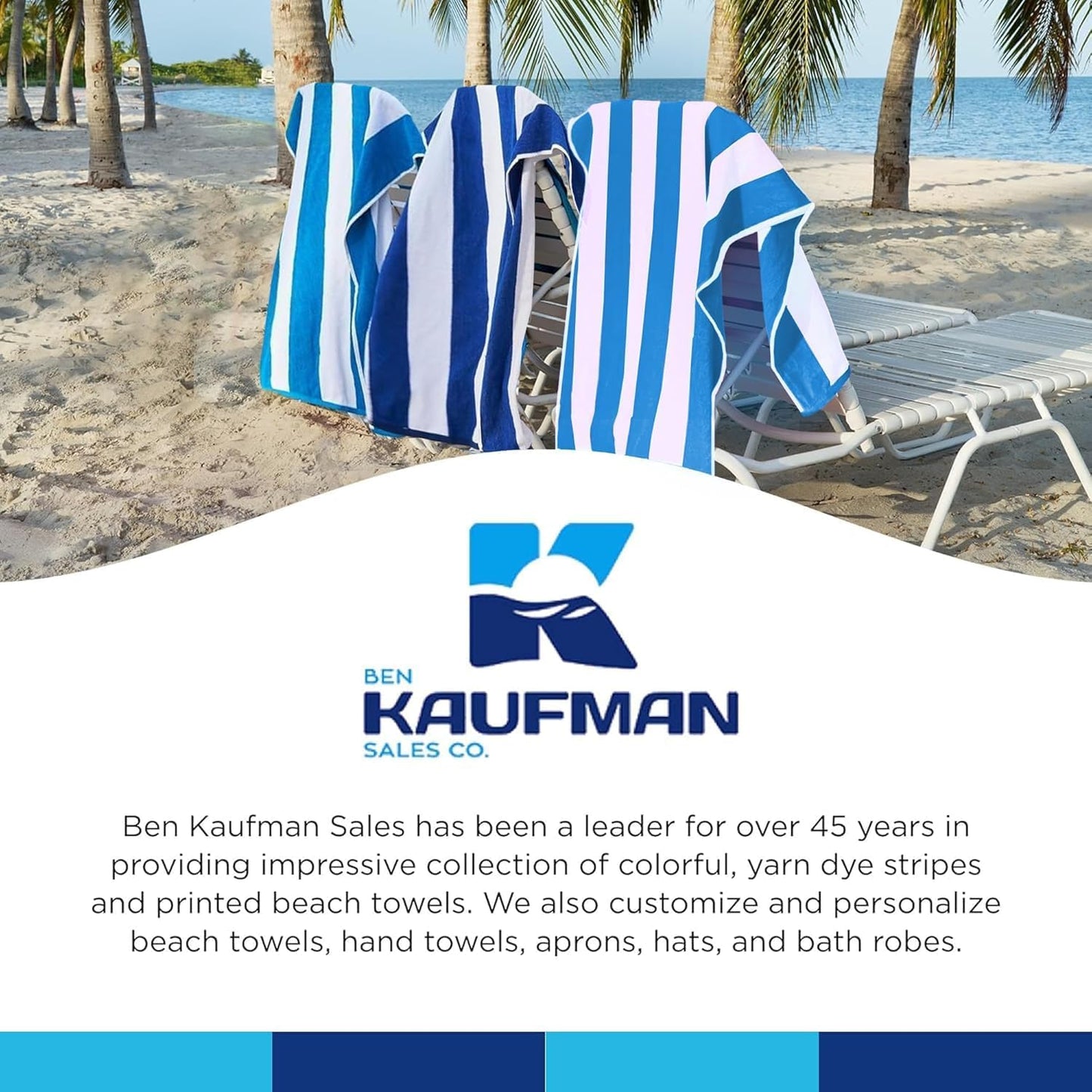 Kaufman - Large Beach Towels | 30" x 60" Terry Cabana Striped | Absorbent, Quick-Drying | 100% Cotton Thick Beach Towels (Blue & Turquoise) (2-Pack)