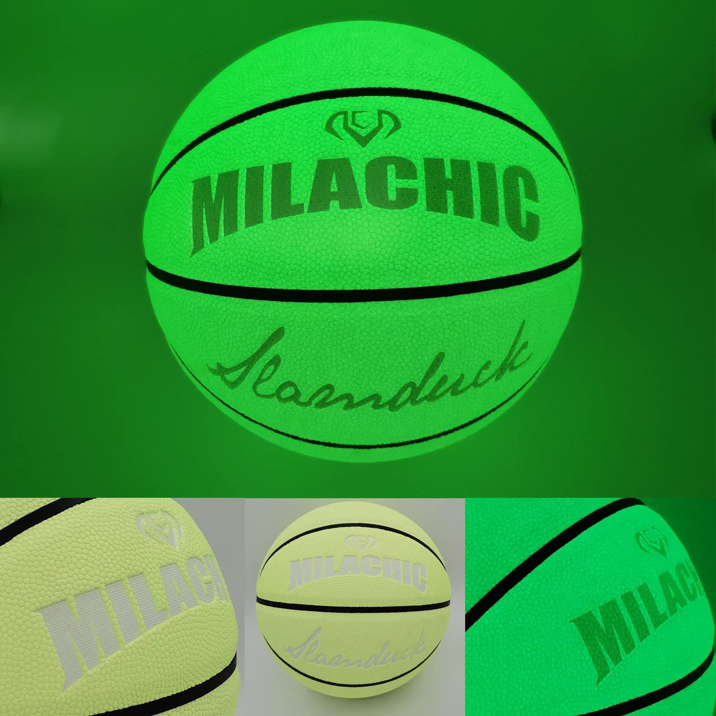 MILACHIC Basketball Glow in the Dark, Luminous Glowing Leather Basketballs 29.5" with Pump, Green Light up Basketball for Men Indoor-Outdoor Night Game & Training - Official Size 7