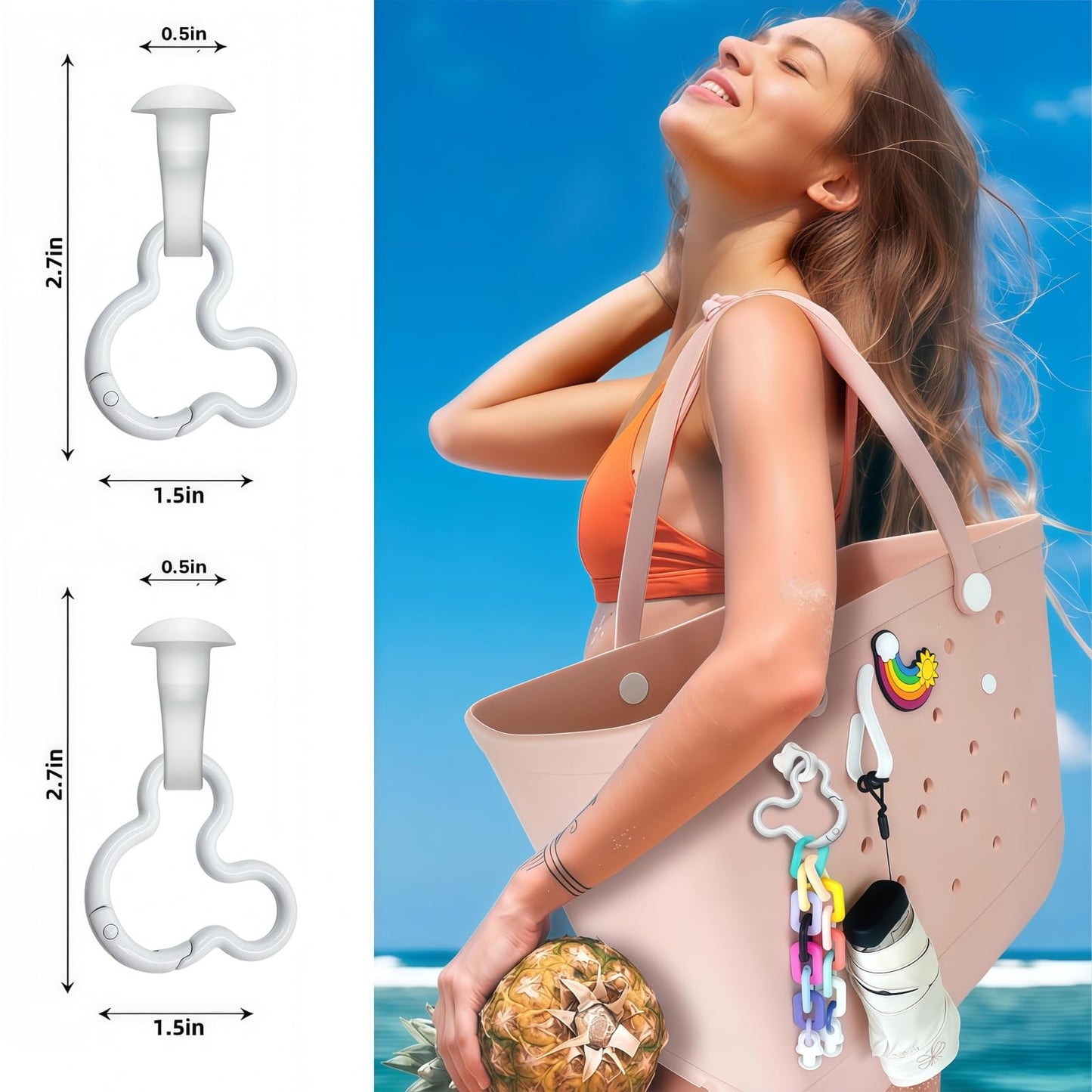 2Pcs Mouse Head Accessories Inserts Hooks for Bogg Bag Carabiner Keychain, Key Holder Charms Compatible with Bogg Bags (White 2pcs)