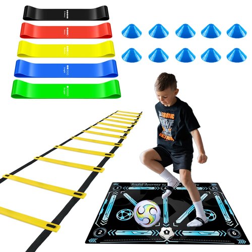Soccer Training Equipment, Football Practice Aids with Training Mat, Resistance Bands, Ladder, Cones, Improve Agility, Footwork and Coordination (35"*23" Soccer Training Mat, Agility ladder, Disc Cones * 10, Resistance Bands)