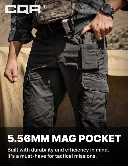 CQR Men's Tactical Pants, Water Resistant Ripstop Cargo Pants, Lightweight EDC Work Hiking Pants, Outdoor Apparel, Duratex Mag Pocket Black, 32W x 32L