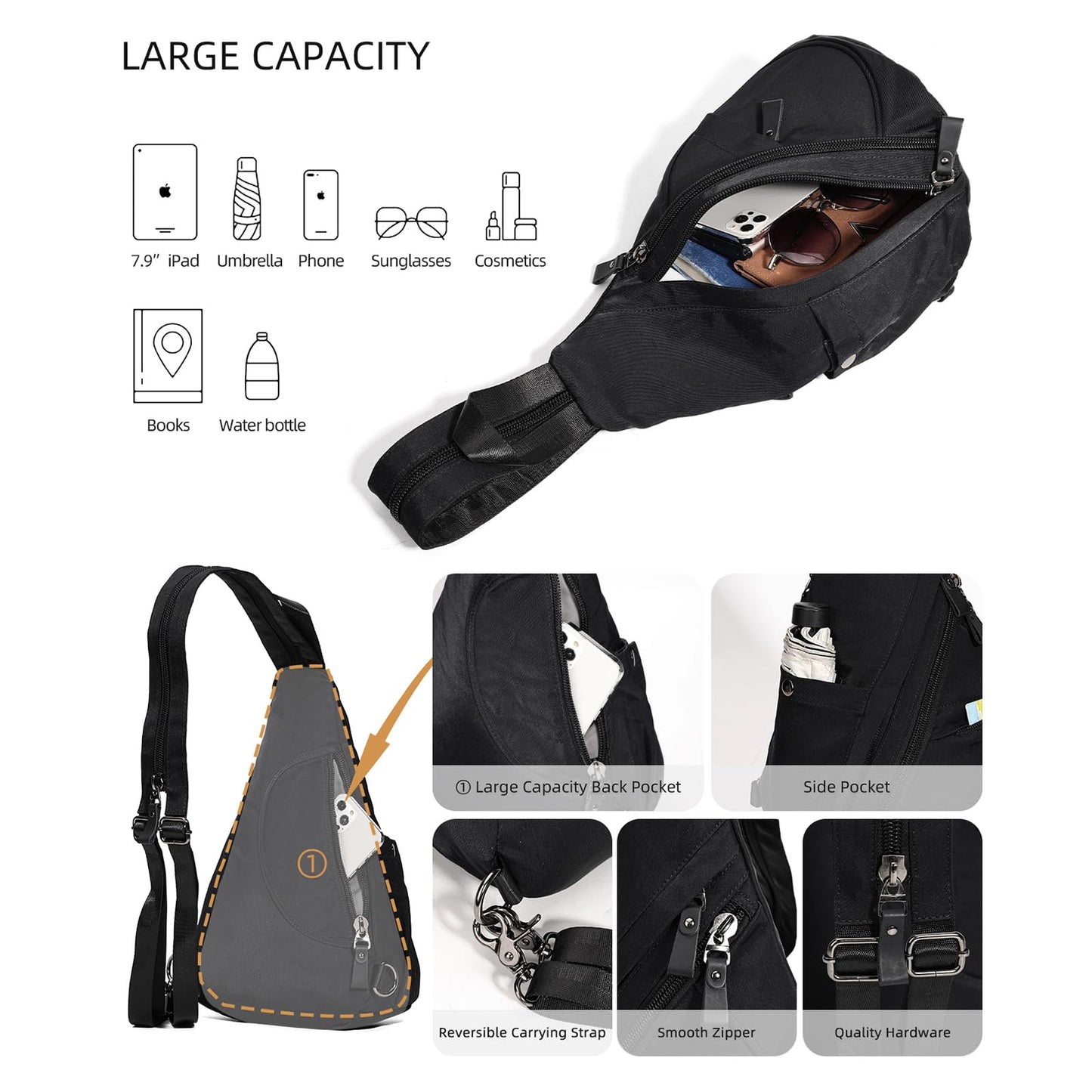 KL928 Nylon Sling Bag - Small Crossbody Backpack Shoulder Casual Daypack Multipurpose Rucksack for Men Women(Black)