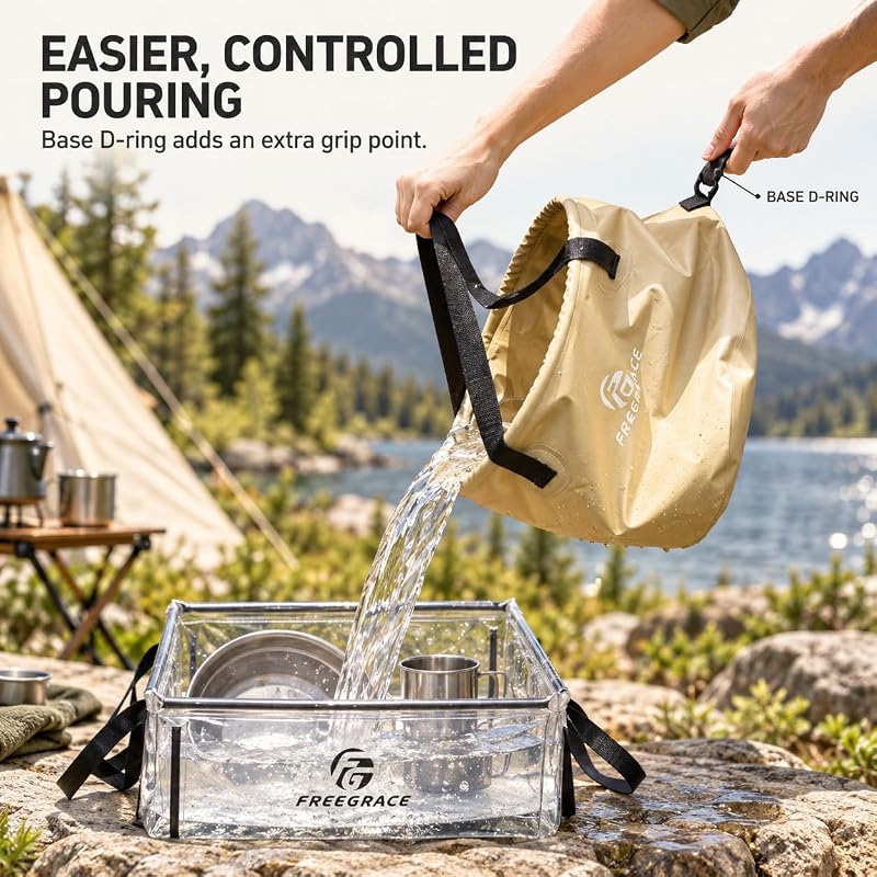 Freegrace 23L Collapsible Water Bucket with Lid – Khaki, With Lid, Portable Camping Wash Basin