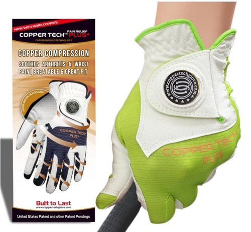 Copper Tech Plus Women's Left for Right Handed Golfers Golf Glove – Advanced Compression for Muscle Support, Joint Relief Gloves – White/Lime, 1 Pack, One Size Fits Most