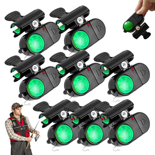 Fishing Bite Alarms with LED, Sensitive Electronic Fishing Bells for Rods, Sound Alert Indicators, Fishing Pole Bells for Bite Detection, Clip-On Fishing Alarm with Light & Sound (8, Black)