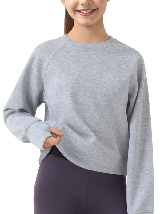 JOCMIC Girls Cropped Sweatshirt Soft Pullover Long Sleeve Shirts with Thumb Hole Fall Tops for Teens Petite Women Grey 11-12 Years