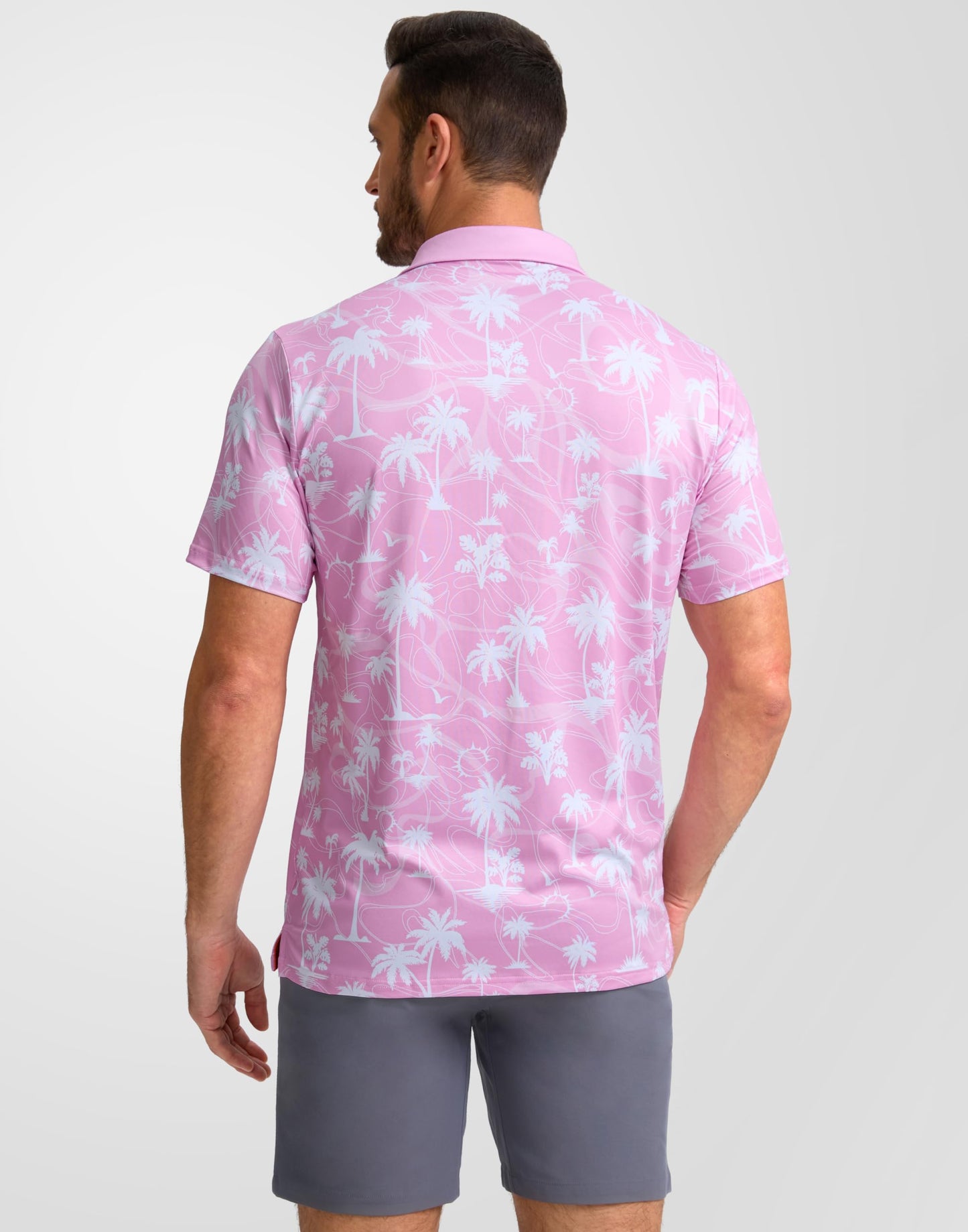 Obla Mens Golf Polo Shirts Short Sleeve Dry Fit Casual Print Collared Golf Shirts Wicking for Men(Pink Coconut Beach_XL)