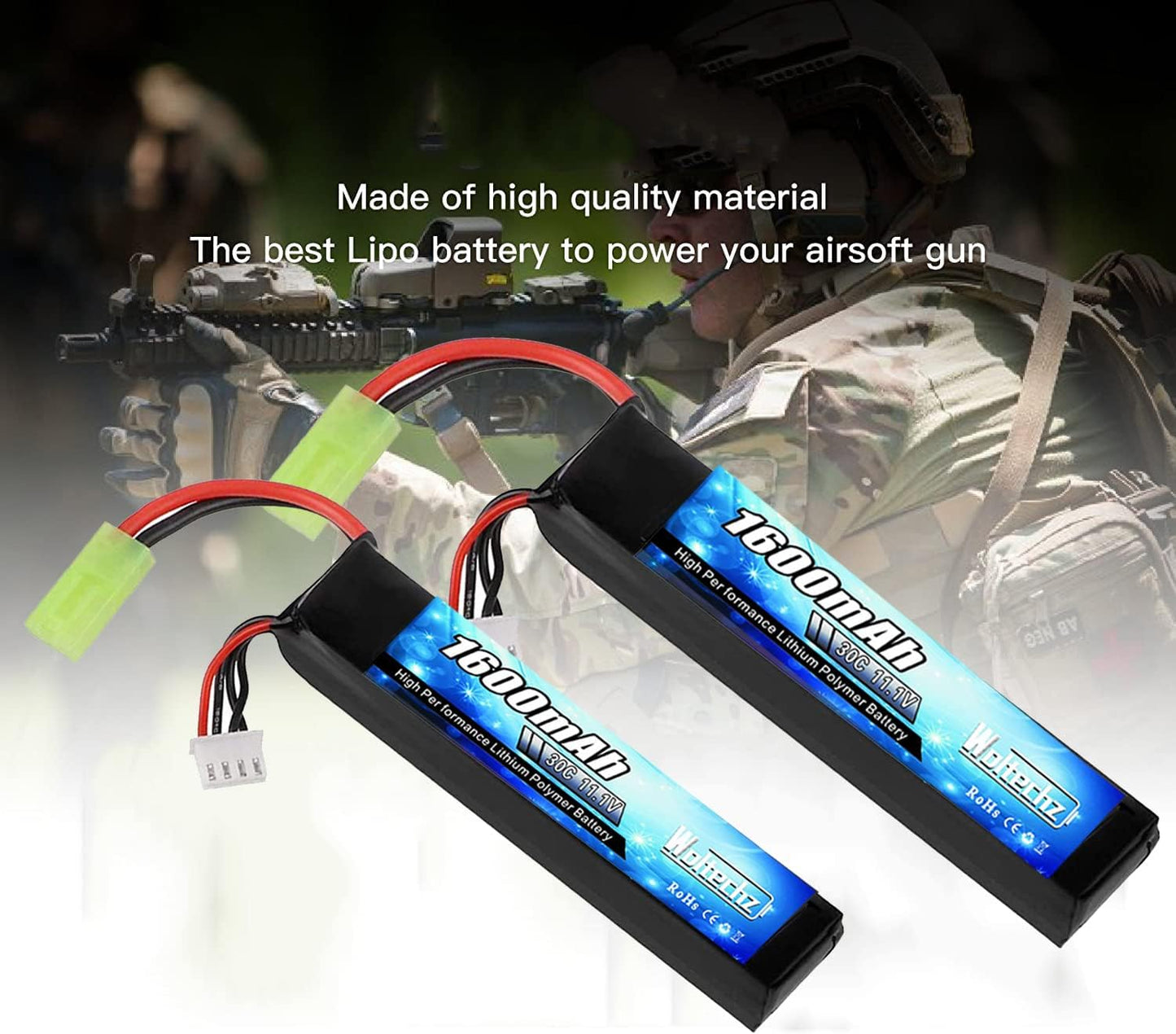 2Packs 11.1V Airsoft Battery 1600mAh 30C Rechargeable Lipo Battery 2S-3S Balance Charger/Lipo Safe Bag with Mini Tamiya Connector for Airsoft Guns Rifle