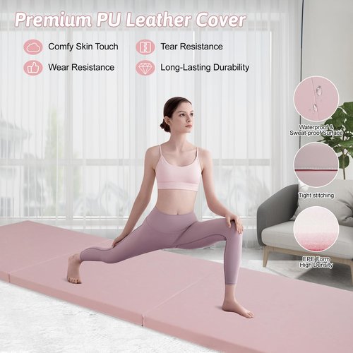 Wansenya Folding Tri-fold Gymnastics Mat,6 FT x 2 FT PU Leather Tumbling Mat with Carrying Handles,Waterproof Exercise Mat for Stretching Yoga Cheerleading Martial Arts,Pink
