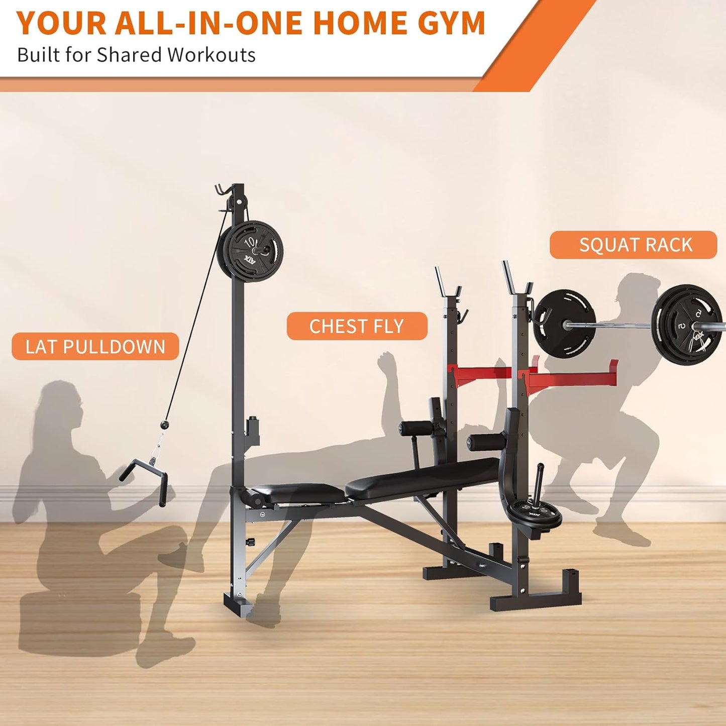 10-in-1 Adjustable Weight Bench Set, 1000 LBS Heavy Duty Multi-Function Bench Press Set with LAT Pulldown System and Squat Rack, Full-Body Strength Training Equipment for Home Gym